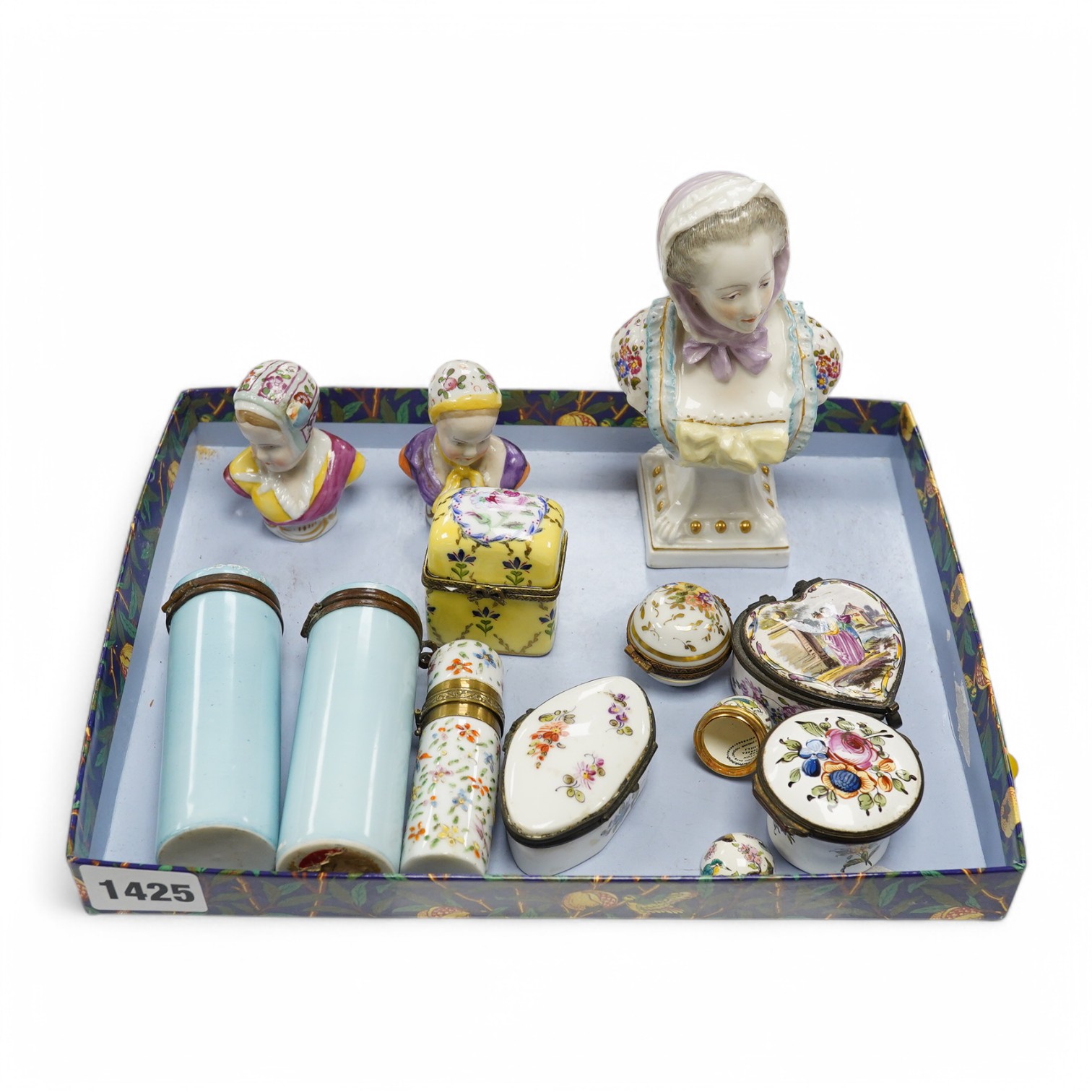 Three Continental porcelain busts and sundry ceramic boxes, 19th century, tallest 13cm. Condition - fair